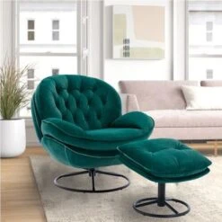 Velvet Tufted Lounge Chair And Ottoman With Swivel Metal Base - Pink -Baxton Acme Shop 037d9980 839b 484e ac36 2f0d46390e6e