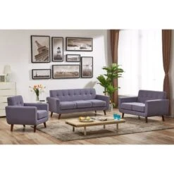 Grace Mid-Century Tufted Upholstered Rainbeau Living Room Sofa, Loveseat, And Chair 3-piece Set - Taupe Grey