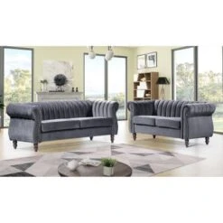 Charlot Velvet Chesterfield Rolled Arm 2-Piece Living Room Set - Dark Blue -Baxton Acme Shop 05e47dd7 90d2 4a6c 8e85 f23913f69ada