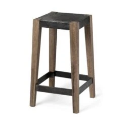 Nell Black Metal Seat & Foot Rest W/Medium Brown Solid Wood Legs Counter Stool - Brown - Medium