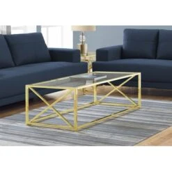 Coffee Table/ Accent/ Cocktail/ Rectangular/ Living Room/ 44"L/ Metal/ Tempered Glass/ Gold/ Contemporary/ Modern