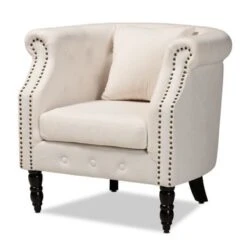 Baxton Studio Renessa Classic & Traditional Velvet Upholstered Wood Armchair - Beige, Dark Brown