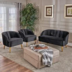 Amaia Modern 3-piece Velvet Chat Set By Christopher Knight Home - Black + Walnut -Baxton Acme Shop 16d19fee f7dd 40d8 91ae 0af661689040