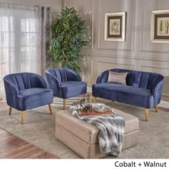 Amaia Modern 3-piece Velvet Chat Set By Christopher Knight Home - Cobalt + Walnut