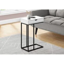 Accent Table/ C-shaped/ End/ Side/ Snack/ Storage Drawer/ Living Room/ Bedroom/ Metal/ Laminate/ White/ Black/ Contemporary/ Modern