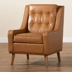 Baxton Studio Daley Tan Faux Leather And Walnut Finished Wood Lounge Armchair - Tan -Baxton Acme Shop 29a65422 7a17 4eb0 9526 8dc24c81fb21