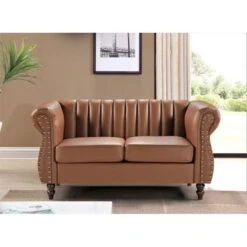 Capri Faux Leather Chesterfield Rolled Arm 2-Piece Living Room Set - Brown -Baxton Acme Shop 2d4dd6e3 1538 4124 a3b2 d7d0fb16b4ab