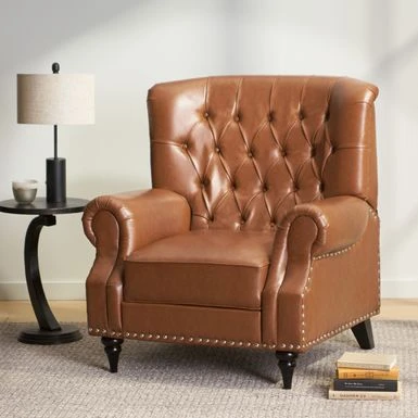 Sunapee Fabric And Rubberwood Recliner With Nailhead Trim By Christopher Knight Home - Cognac Brown/ Espresso/ Faux Leather 3 Sunapee Fabric And Rubberwood Recliner With Nailhead Trim By Christopher Knight Home - Cognac Brown/ Espresso/ Faux Leather