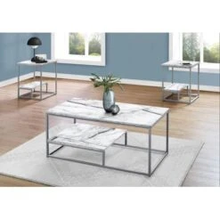 Table Set/ 3pcs Set/ Coffee/ End/ Side/ Accent/ Living Room/ Metal/ Laminate/ White Marble Look/ Grey/ Contemporary/ Modern