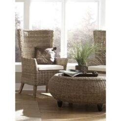 Key West Rustic Woven Kubu Host Dining Chair With Muslin Cushion (Set Of 2) - Gray-Brown -Baxton Acme Shop 3acb2a0f 2e3c 475e a125 4fa382b11e90