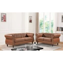 Capri Faux Leather Chesterfield Rolled Arm 2-Piece Living Room Set - Brown