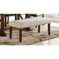 Rubber Wood Bench With Nail Trim Head Design Brown And Cream - Fabric - Wood - Brown