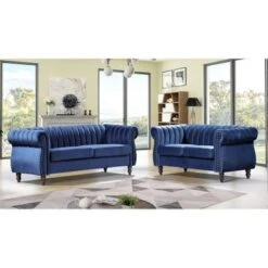 Charlot Velvet Chesterfield Rolled Arm 2-Piece Living Room Set - Dark Blue