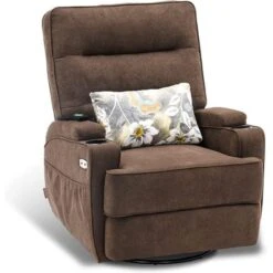 Mcombo Electric Power Swivel Glider Recliner Chair With Heat And USB Ports, Pillow, Cup Holders, Remote Control, Fabric 7752 - Brown