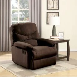 Fabric Upholstered Metal Glider Recliner With Pull Out Handle, Brown -Baxton Acme Shop 4fd7c6db 5e43 4f2d a8da 344b72e19624