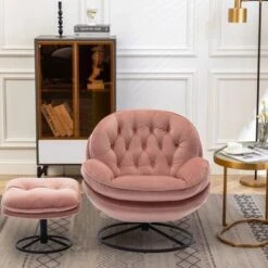 Velvet Tufted Lounge Chair And Ottoman With Swivel Metal Base - Pink