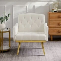 Velvet Fabric Armchair Chair With Gold Legs For Living Room And Bedroom - White