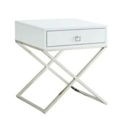 Square Lacquer X-Legs End Table/Accent Table/Nightstand With Drawer - White Chrome