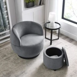 Swivel Barrel Chair With Storage Ottoman - Grey