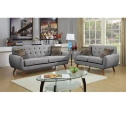 Linen-Like 2 Piece Sofa And Loveseat Set - Grey