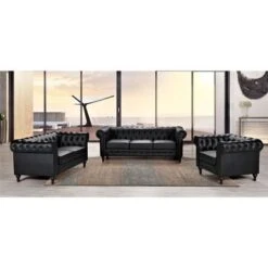 Brooks Classic Chesterfield 3-Piece Living Room Set-Chair Loveseat & Sofa - Black
