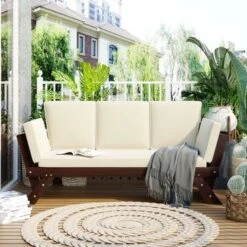 Clihome Outdoor Wooden Adjustable Daybed Sofa Chaise Lounge With Cushions - Beige