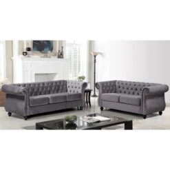 Antoinette Chesterfield 2-Piece Set- Sofa & Loveseat - Grey