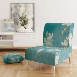 Designart "Blue Cherry Blossoms II" Upholstered Cabin & Lodge Accent Chair - Arm Chair - Side Chair