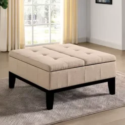 Transitional Beige Storage Ottoman