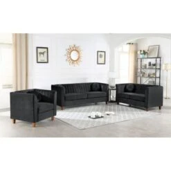 Lowery Velvet Kitts Classic Chesterfield Living Room Seat-Loveseat And Chair - Black