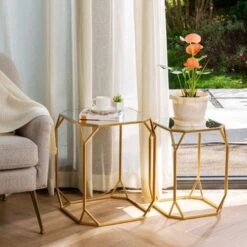Glitzhome Set Of 2 Glam Glass Modern Side Table Sofa Table - Octagon-Gold