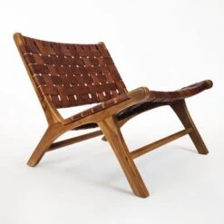 WAREHOUSE OF TIFFANY Brisot Square Weave Leather On Teak Wood Lounge Chair - Black -Baxton Acme Shop 90ebc183 506b 44e0 abb7 e689953b94fe