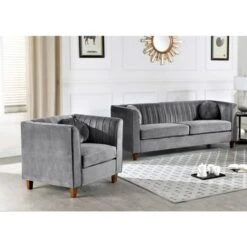 Arvilla Velvet Kitts Classic Chesterfield Living Room Seat-Sofa And Chair - Beige -Baxton Acme Shop 9402ecad 7592 4da3 a942 1ac6342355b7