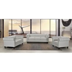 Brooks Classic Chesterfield 3-Piece Living Room Set-Chair Loveseat & Sofa - Grey -Baxton Acme Shop 987e43d6 0d4e 46bb 9f42 e6bf2b5b85d8