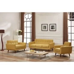 Grace Mid-Century Tufted Upholstered Rainbeau Living Room Sofa, Loveseat, And Chair 3-piece Set - Naples Yellow