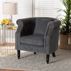 Baxton Studio Renessa Classic & Traditional Velvet Upholstered Wood Armchair - Beige, Dark Brown -Baxton Acme Shop 9e059fc6 7908 4e9c 8972 bc6cd87b1091