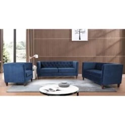 Lisette Velvet 3PCs Living Room Set - Dark Blue