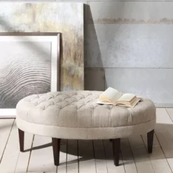 Delaney Button Tufted Linen Bench