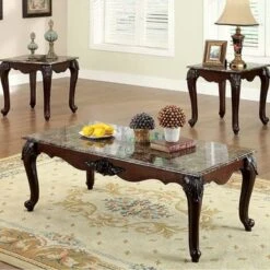 Colchester Traditional 3 Piece Coffee Table Set, Dark Cherry Finish - Marble - Brown