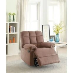 Plush Cushioned Recliner With Tufted Back And Roll Arms In Saddle Brown