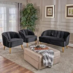 Amaia Modern 3-piece Velvet Chat Set By Christopher Knight Home - Pewter + Walnut -Baxton Acme Shop a345f3b0 aa5c 4ed9 9c33 80f4a9034df8