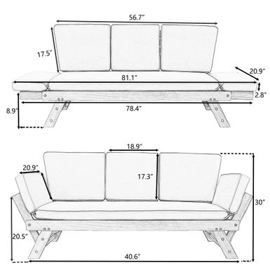 Clihome Outdoor Wooden Adjustable Daybed Sofa Chaise Lounge With Cushions - Beige 10 Clihome Outdoor Wooden Adjustable Daybed Sofa Chaise Lounge With Cushions - Beige - Image 8
