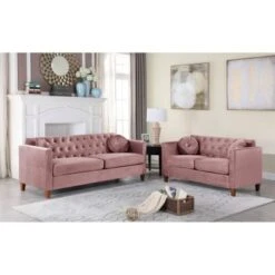 Lory Velvet Kitts Classic Chesterfield Living Room Seat-Loveseat And Sofa - Rose