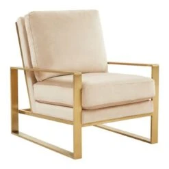 LeisureMod Jefferson Modern Velvet Accent Armchair With Gold Base - Beige