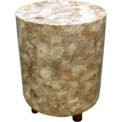 Handmade Golden Capiz Shell Inlay Round Stool (Indonesia) - Gold