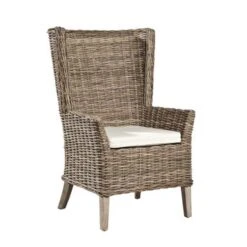 Key West Rustic Woven Kubu Host Dining Chair With Muslin Cushion (Set Of 2) - Gray-Brown