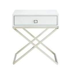 Square Lacquer X-Legs End Table/Accent Table/Nightstand With Drawer - White Chrome -Baxton Acme Shop b72185aa 0207 4c61 bcc5 1c64a10557b1