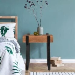 ExBrite Solid Wood End Table Side Table Metal Legs With Total Side 4" - Wood