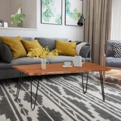 ExBrite Solid Wood Live Edge Coffee Table Top Thick 25MM Metal Legs Hairpin - Wood