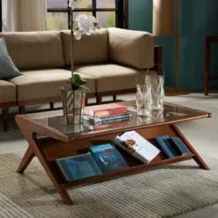 Huxley Pecan Finish Coffee Table W/Tempered Glass
